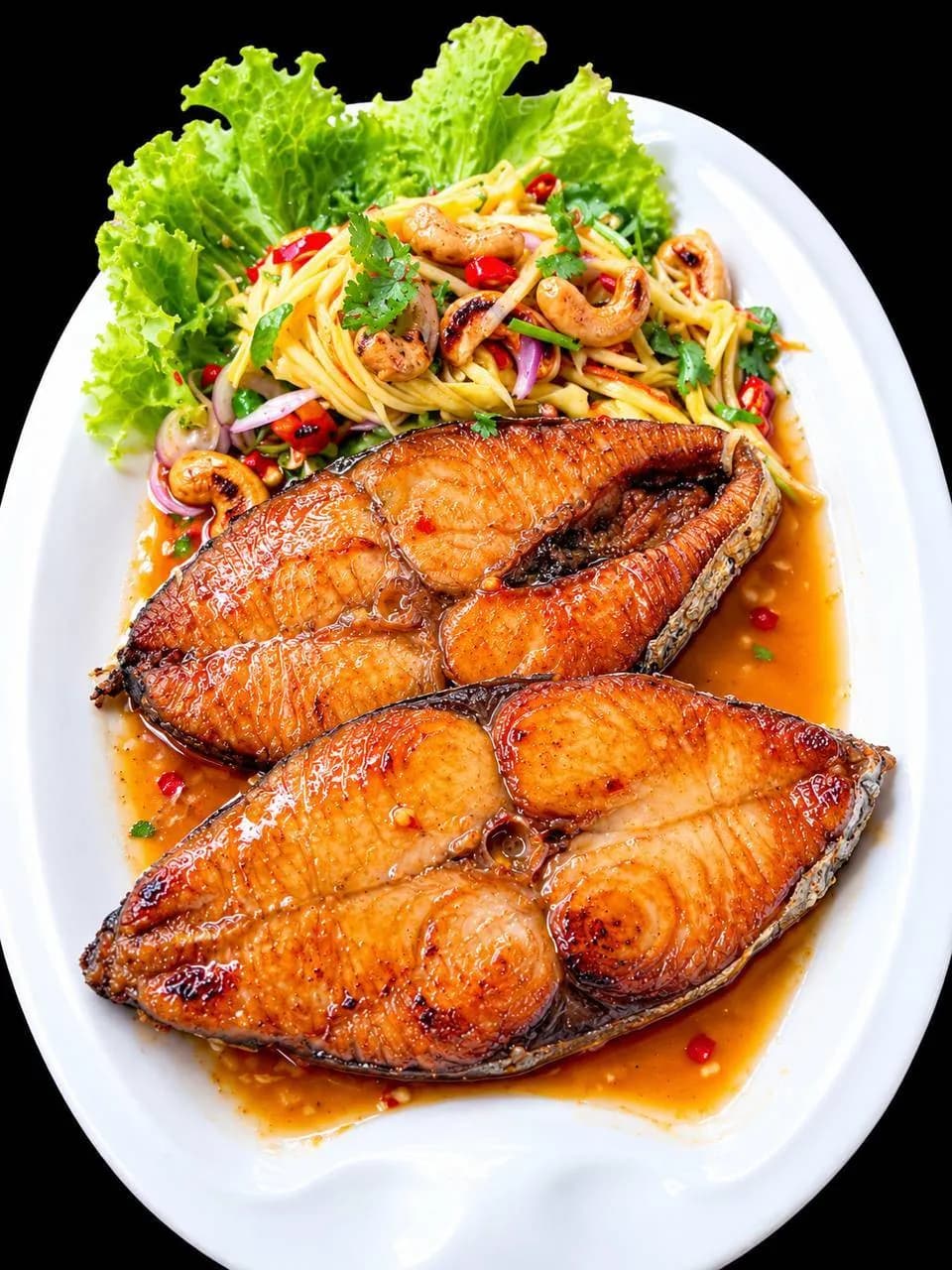 ปลาทอดหั่นชิ้นราดซอส กับยำมะม่วง